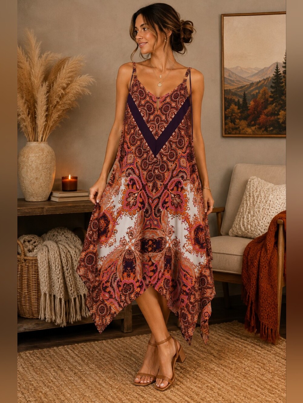 AUW Paisley Asymmetrical Handkerchief Boho Maxi Dress Rust Plum 14 363495D29MR